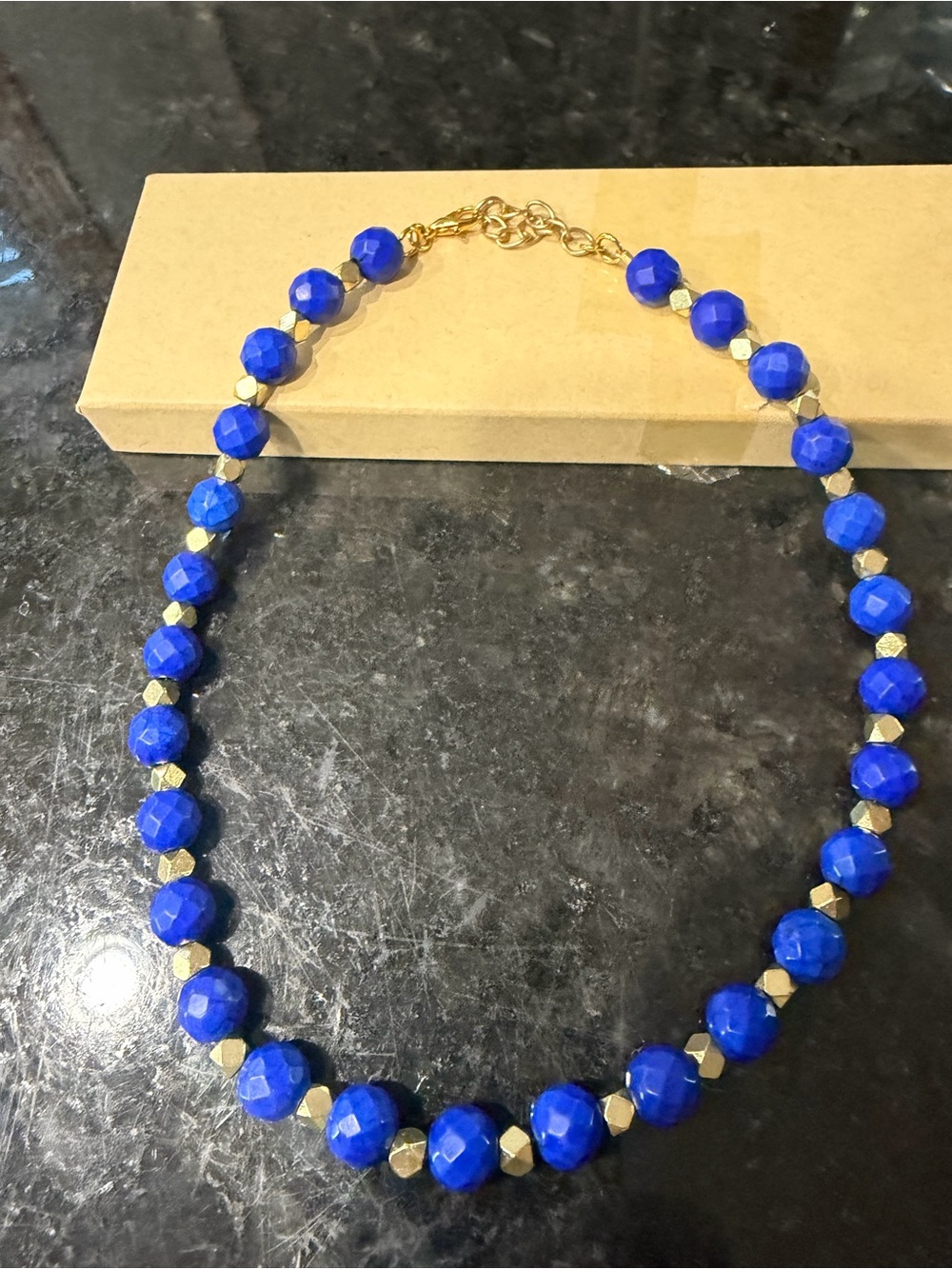 Faceted Royal Blue Bead Necklace with Gold Accents